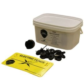 Ring Insulator Kit from FORTIS Electric Fencing containing ring insulators, a drill chuck and electric fence warning sign - product image