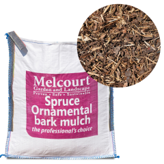 Melcourt 600L bulk bag of Spruce ornamental bark mulch with a circular close up of the bark mulch contents