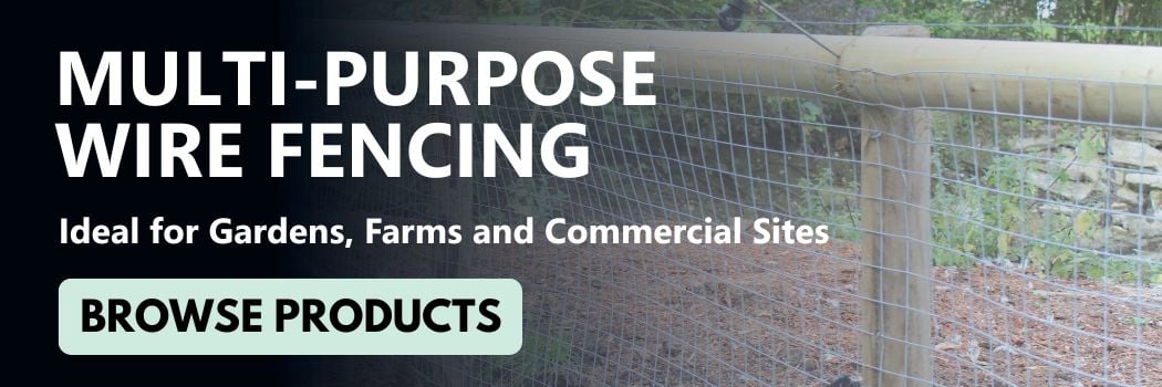 Image of wire fencing, overlaid with 'MULTI-PURPOSE WIRE FENCING' and 'BROWSE OUR PRODUCTS'
