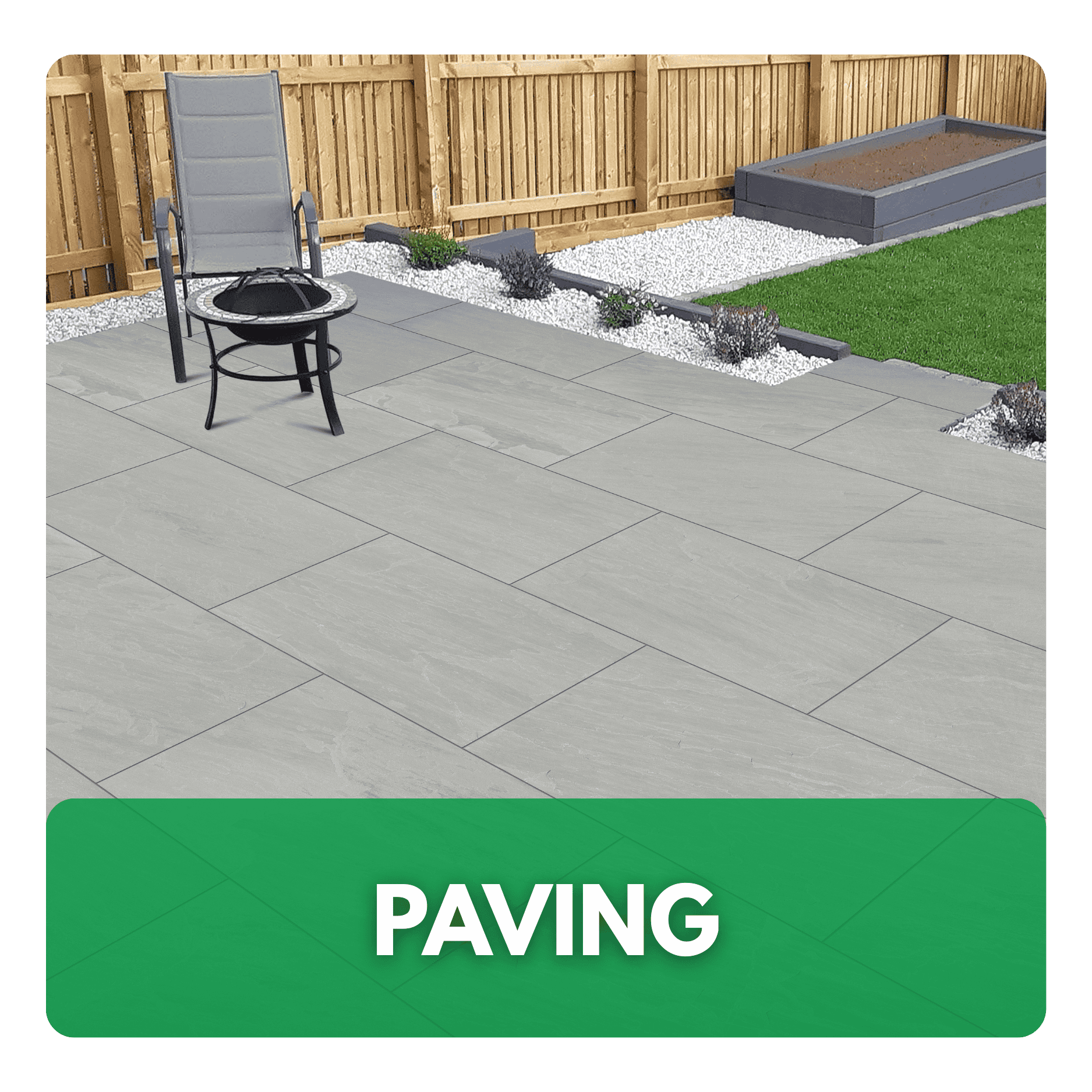Grey outdoor paving slabs installed on a patio area with seating nearby.