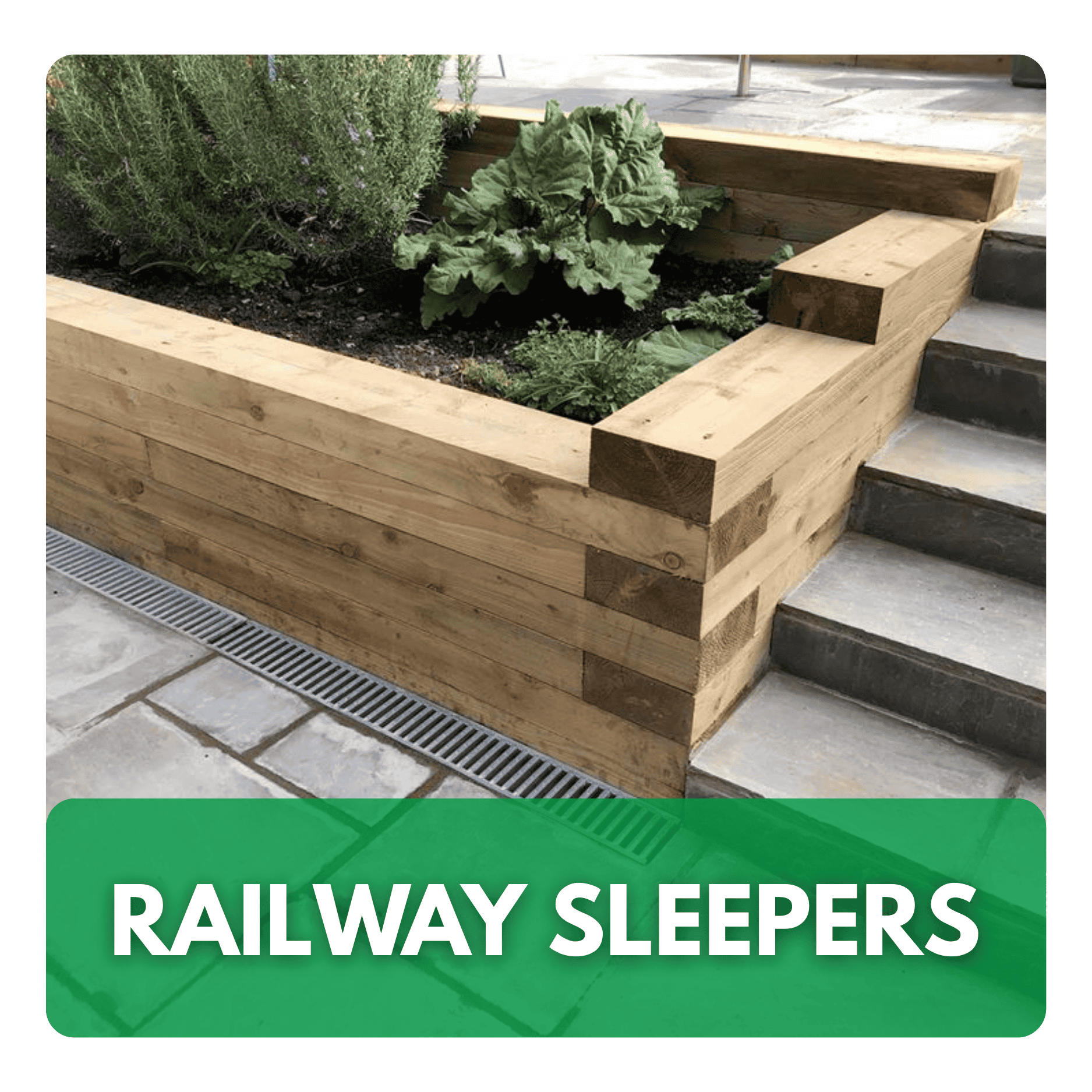 Timber railway sleepers used to form a raised garden bed beside steps and planting.