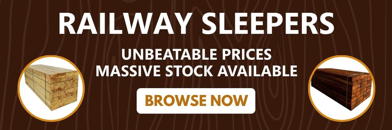 Raised bed kit with railway sleeper products overlaid with text 'RAILWAY SLEEPERS' and 'GREAT PRICES HUGE RANGE IN STOCK NOW'