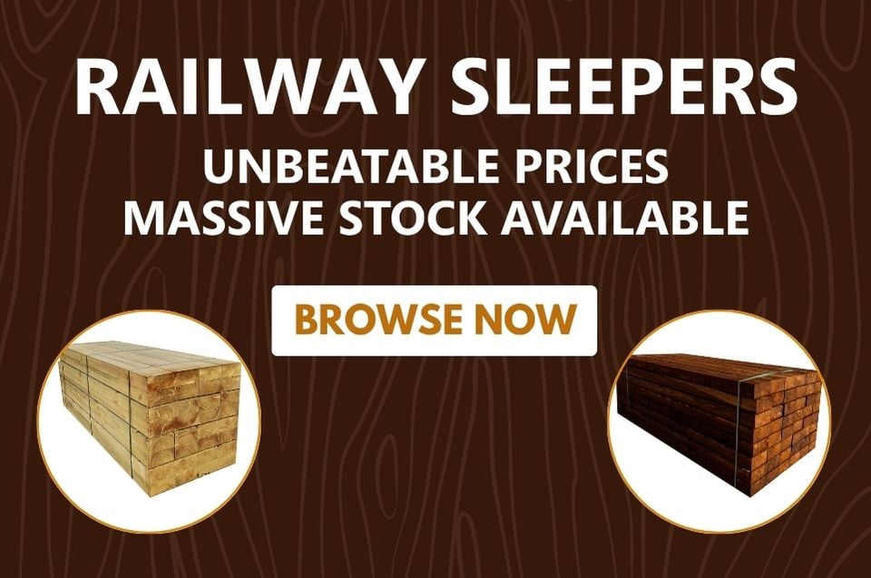 Raised bed kit with railway sleeper products overlaid with text 'RAILWAY SLEEPERS' and 'GREAT PRICES HUGE RANGE IN STOCK NOW'
