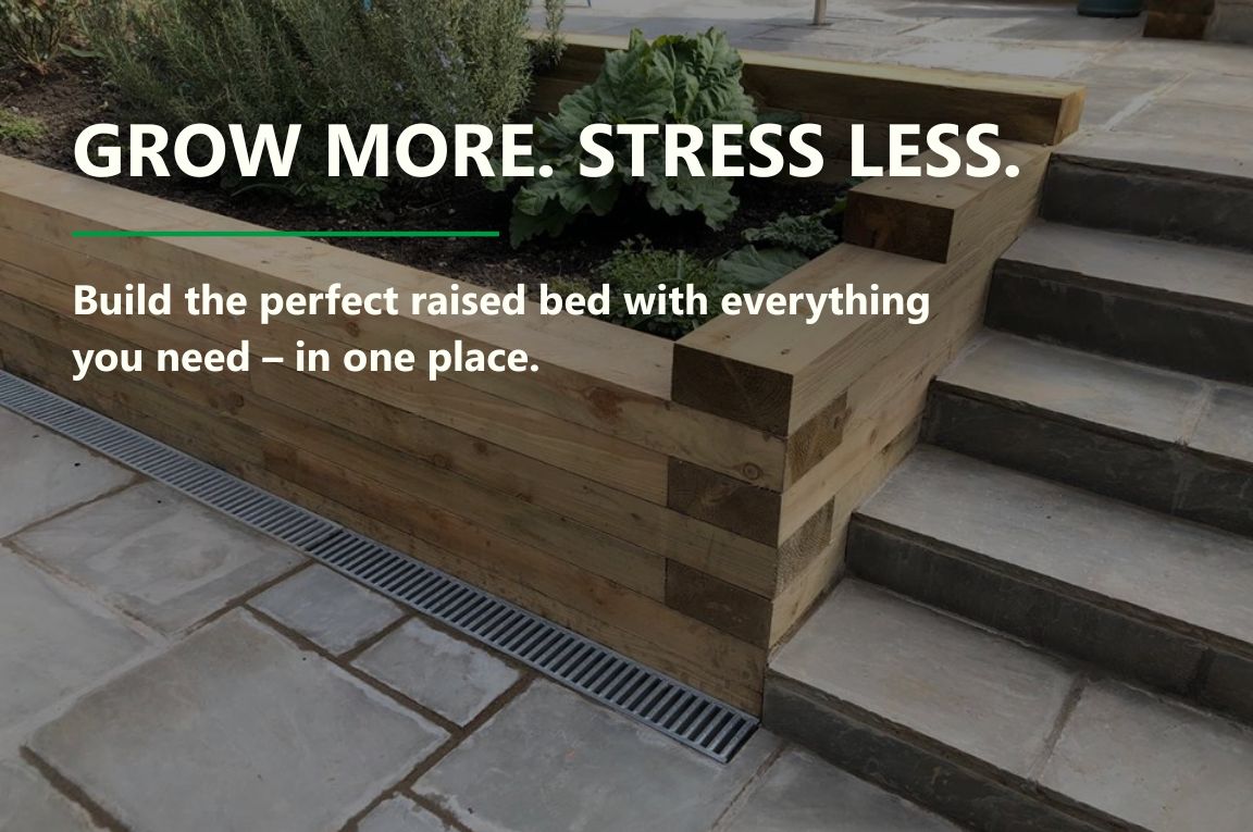 image saying "grow more stress less" with an overlay of a raised garden bed