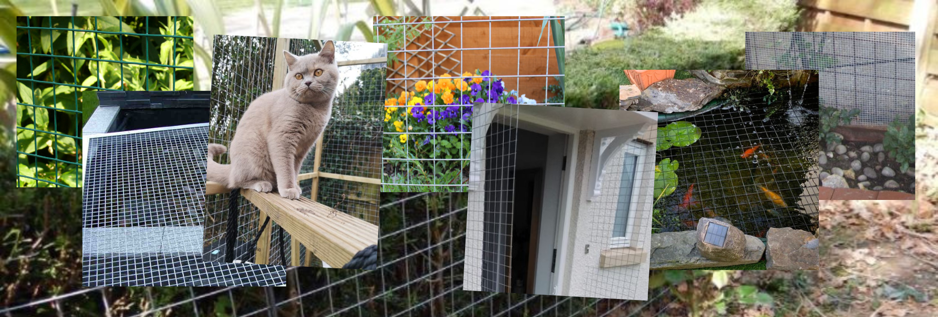 picture collage of wire mesh panel uses including cat in a catio and bordering flower beds