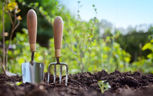 a garden shovel in the ground in the garden